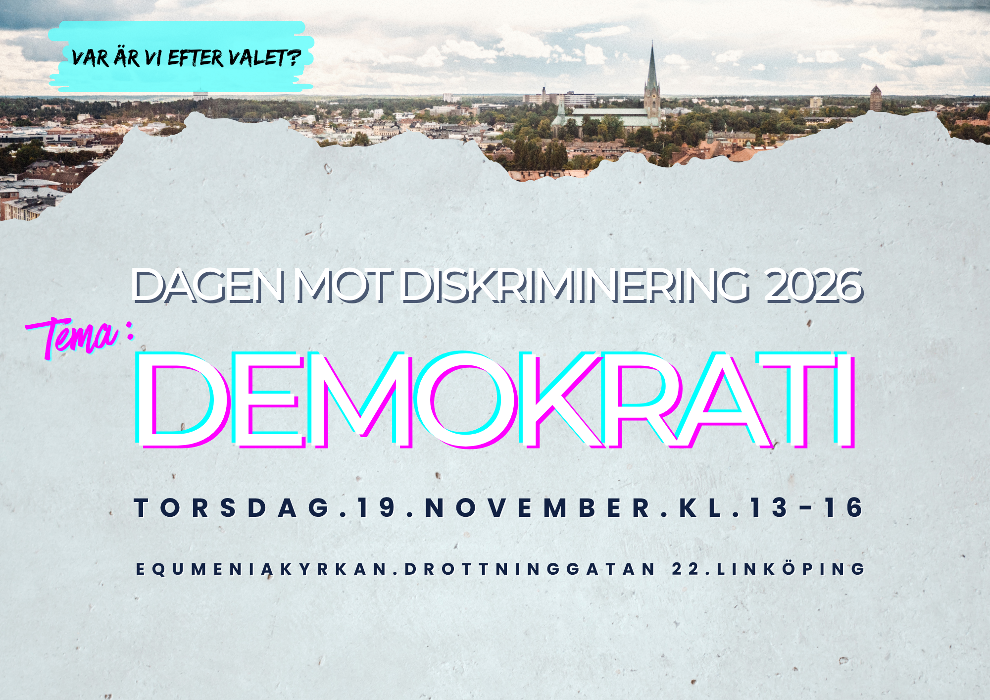 Vy över Linköping och rubriken Demokrati